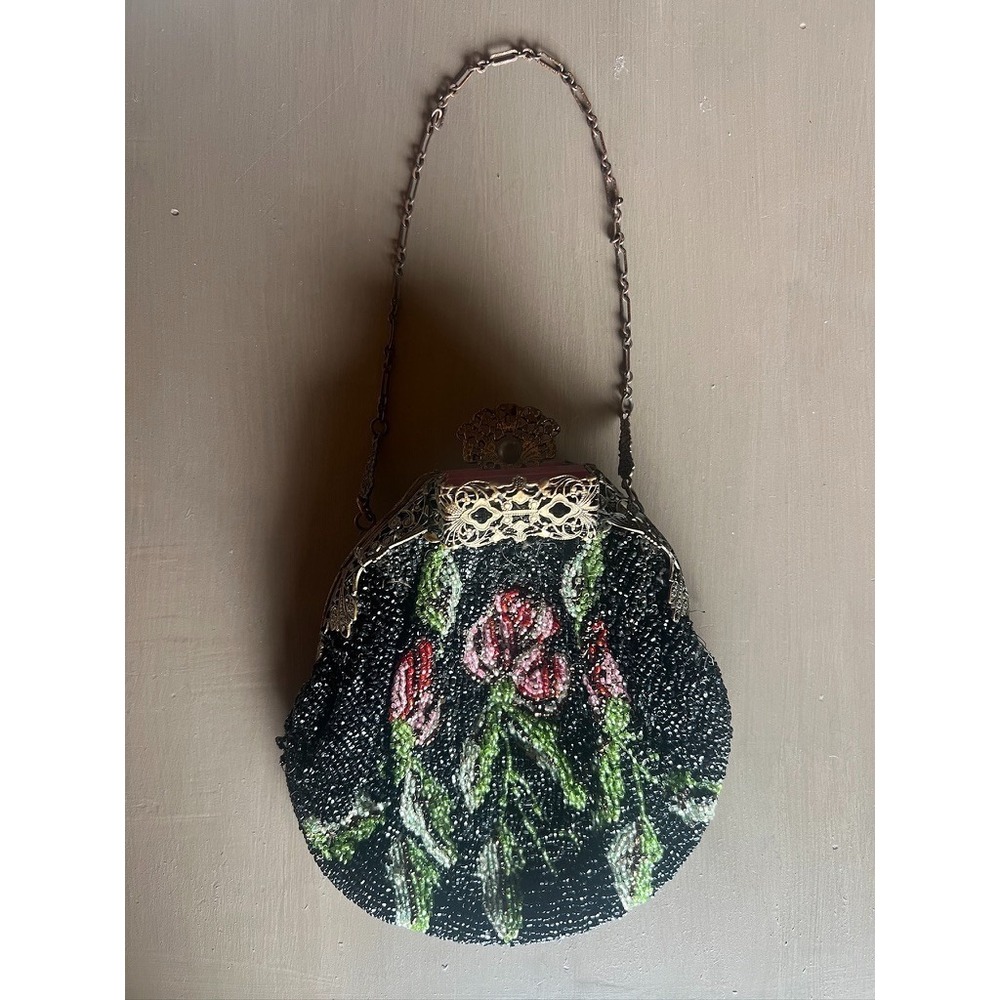 Antique Floral Micro Bead Evening Purse Ornate Filigree Frame Rose Celluloid
